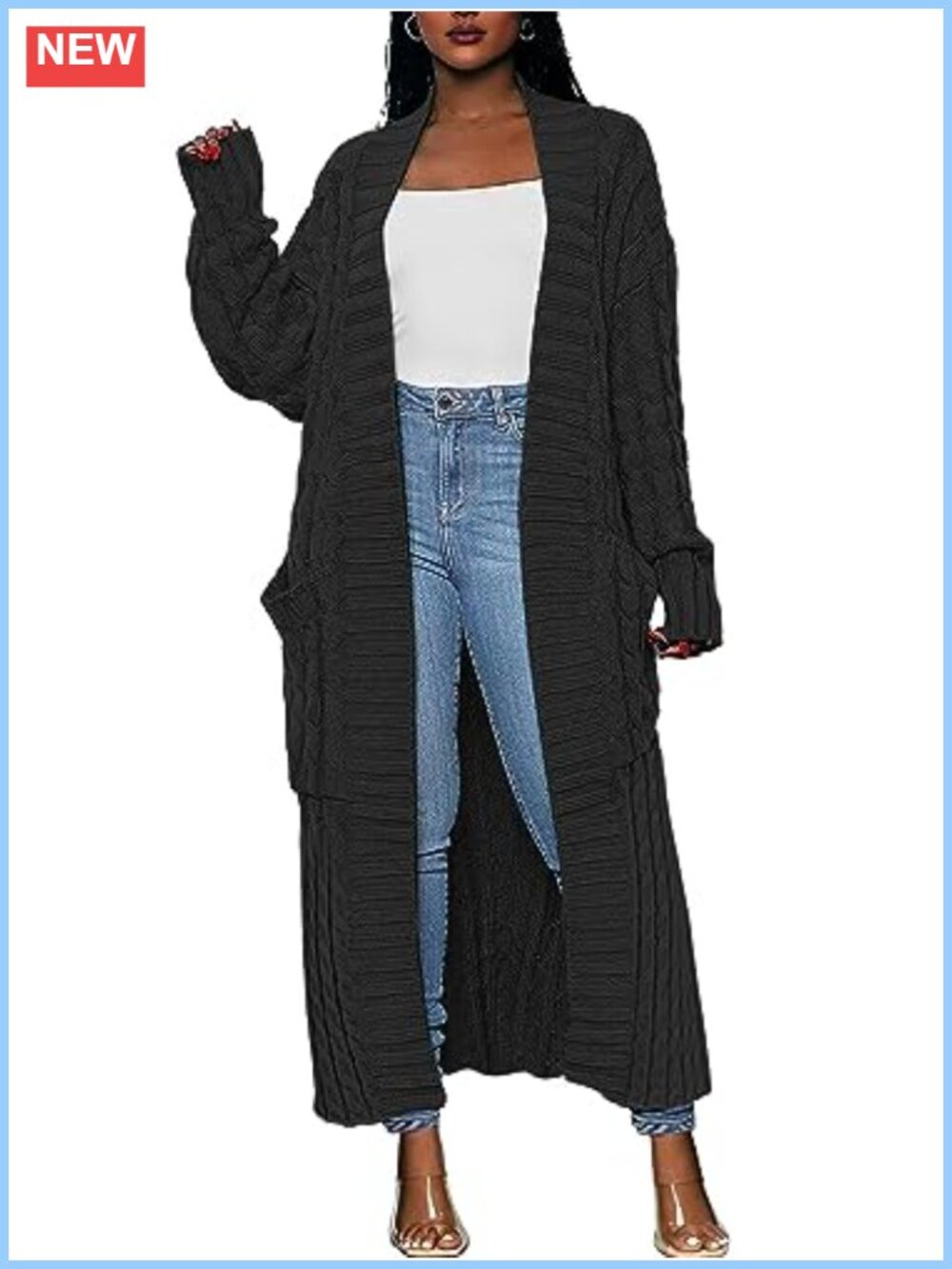 Long Open Front Cable Knit Maxi Cardigan Sweater Coat Pockets